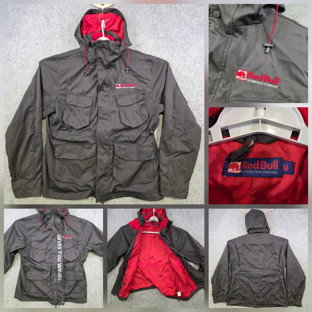Red Bull Jacket Mens Medium Black Hooded Parka Softshell GIVES YOU WINGS Utility